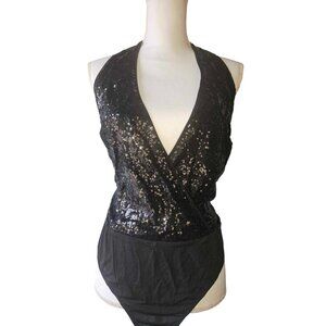 NWT Curvy Sense Plus Size 1X Sparkly Sequin Extreme Plunge One Piece Bodysuit
